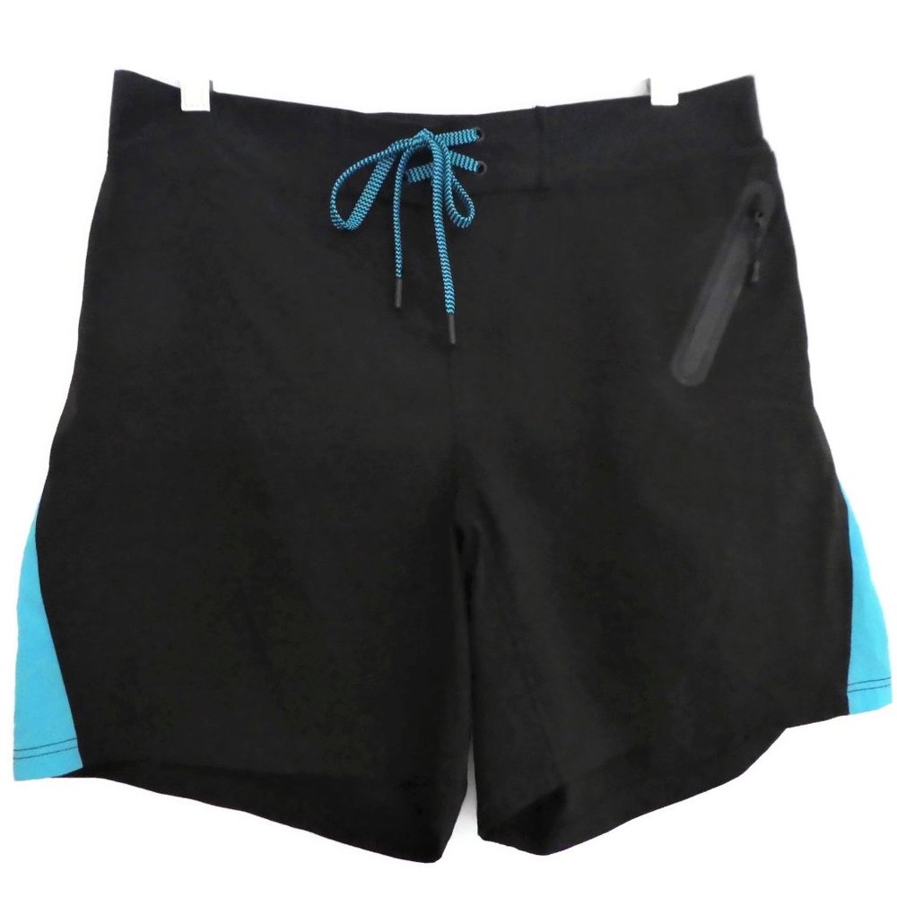 Laird Swim Shorts Pockets Black Turquoise Zip Pocket Draw Cord Turtle Branding L